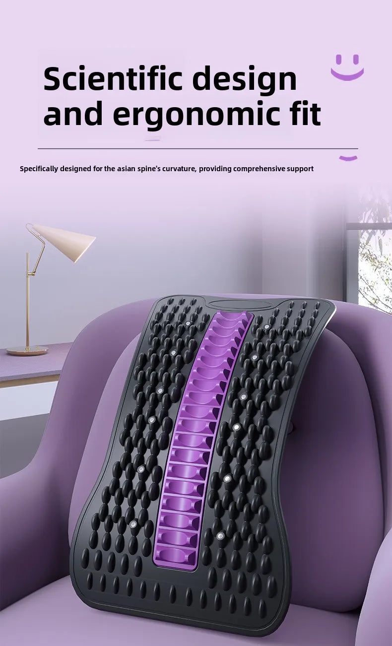 Back cushion with purple and black design on a purple chair, text about scientific design and ergonomic fit.