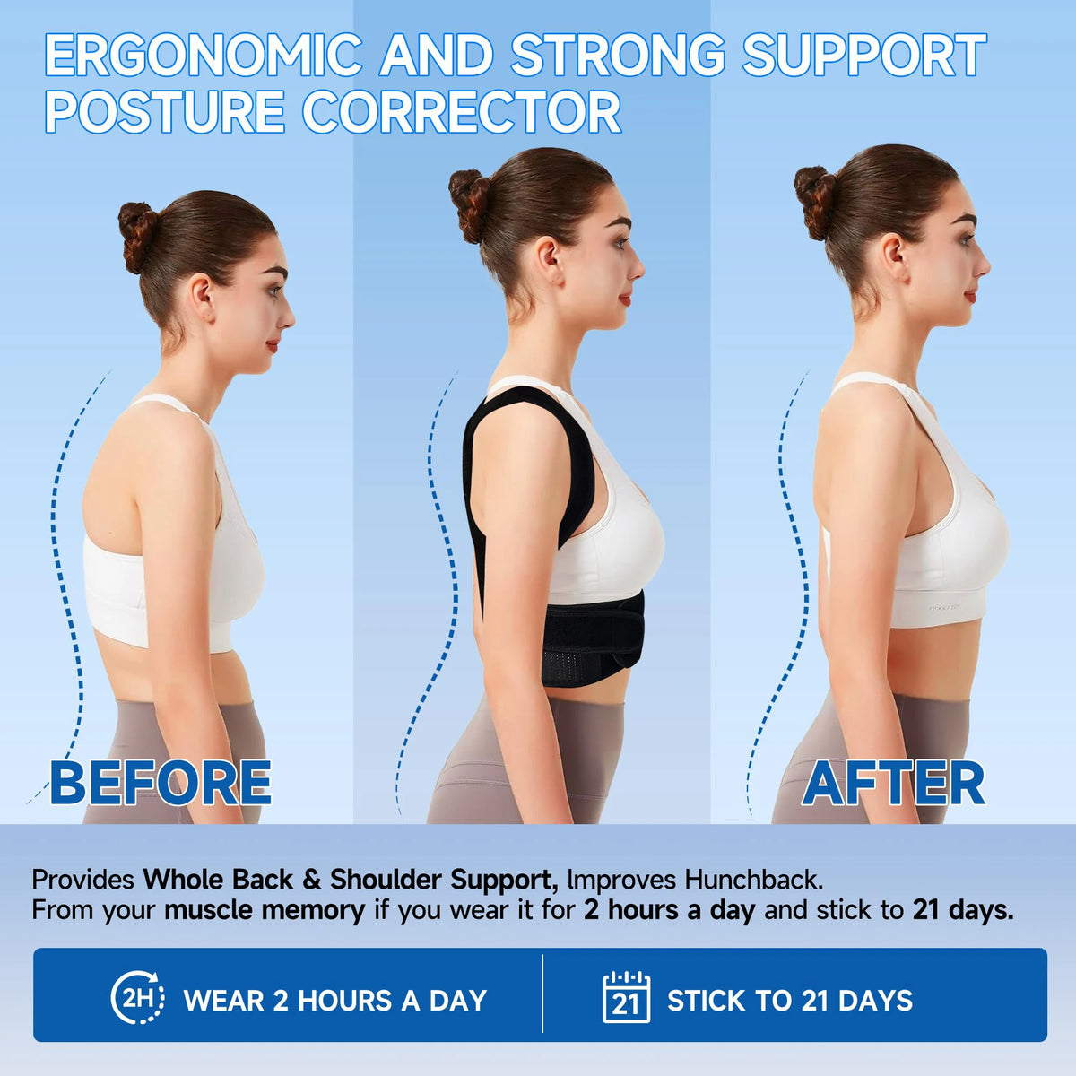 Ergonomic posture corrector showing before and after effects on a person's posture.