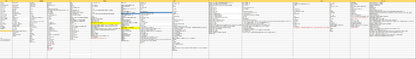 A very wide spreadsheet-like table with many columns, mostly white and light gray cells, black text, and a few colored highlight bars. No clear physical product is shown, and it does not read as a standard product photo, lifestyle scene, measurement chart, color swatch, or instruction diagram.
