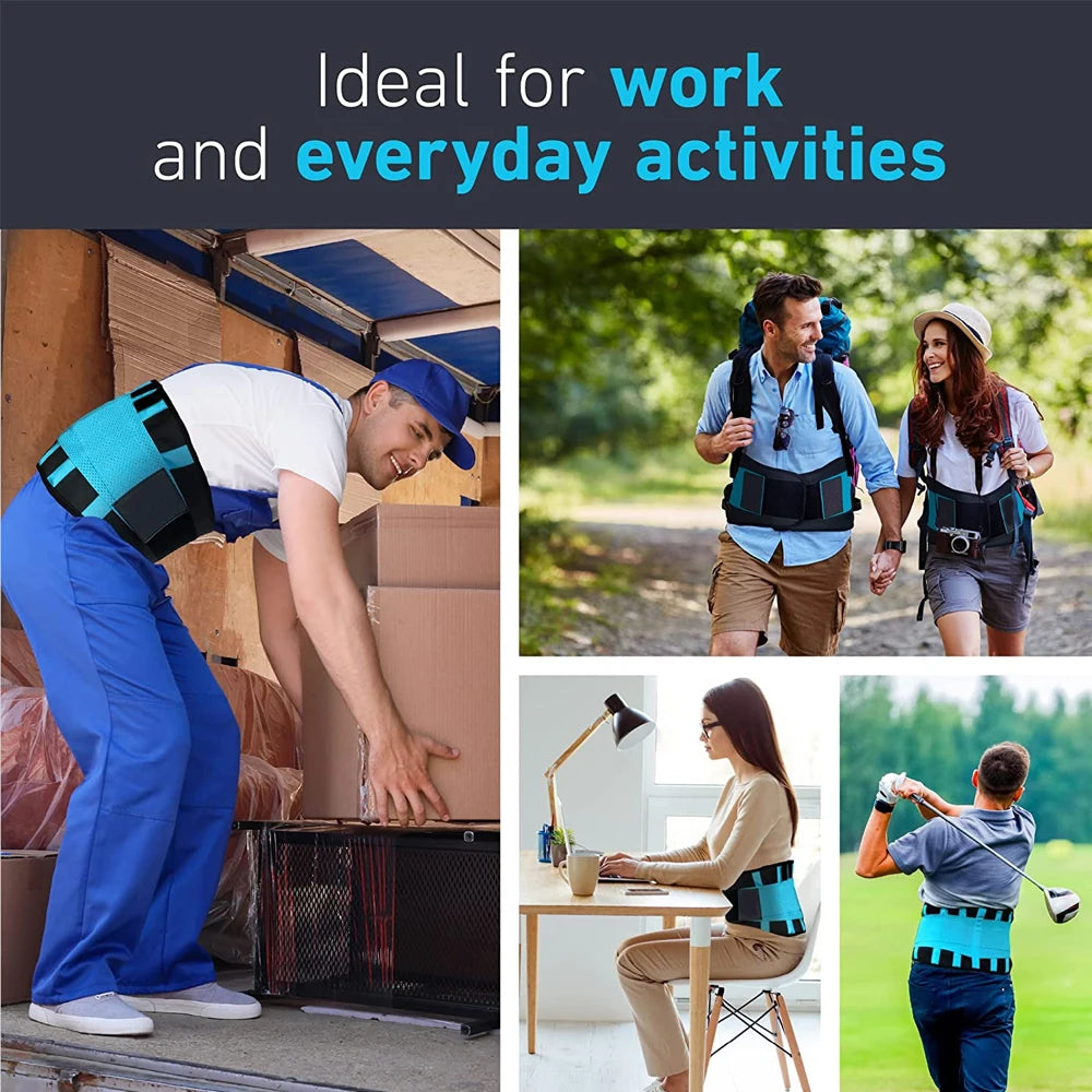 Collage of people wearing a back support belt in various activities with text 'Ideal for work and everyday activities'.