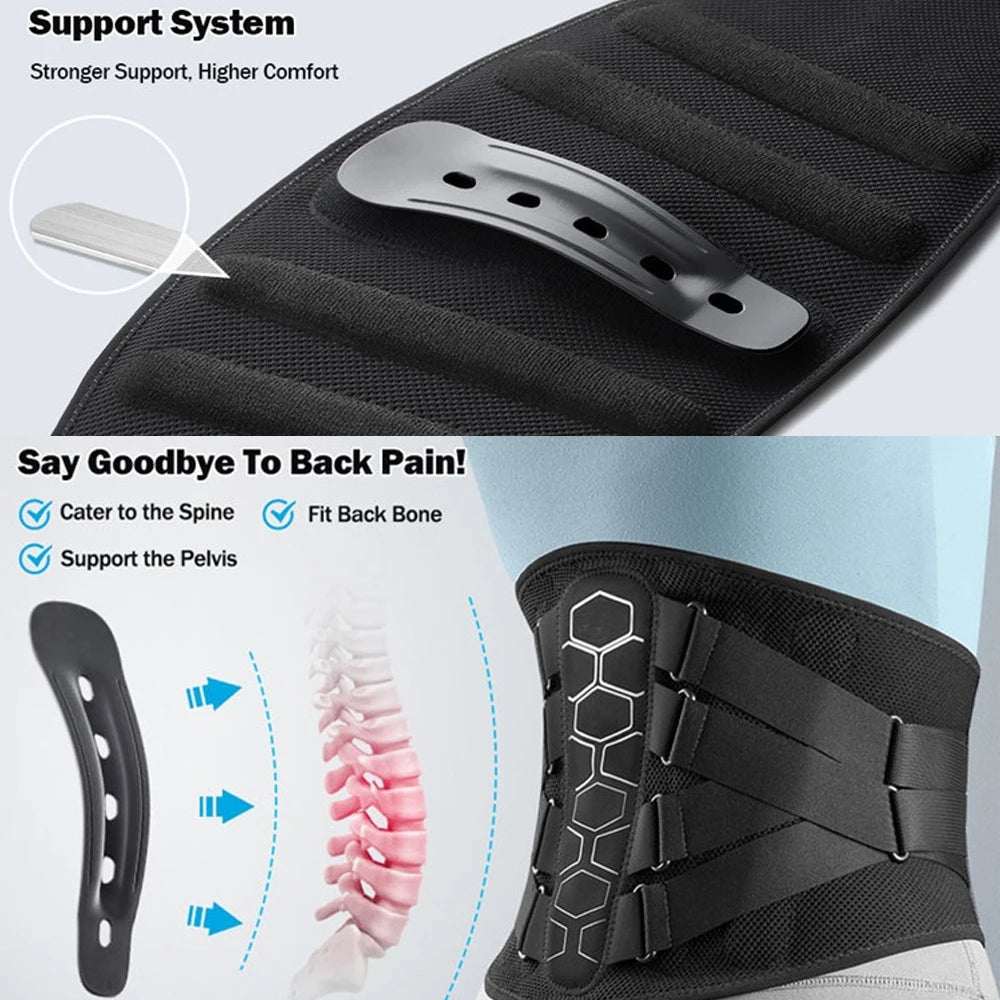 Back support belt with support system and comfort features, showing how it fits the spine and pelvis.