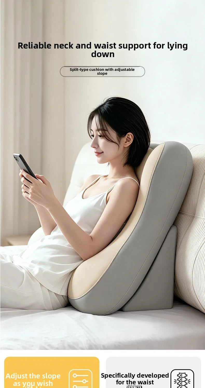 A woman reclining on a sofa using a split-neck and waist support pillow, with text overlays highlighting its benefits for lying down and adjusting the slope.