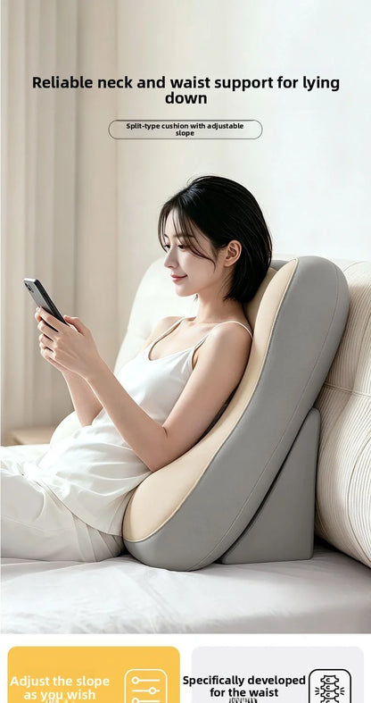 A woman reclining on a sofa using a split-neck and waist support pillow, with text overlays highlighting its benefits for lying down and adjusting the slope.