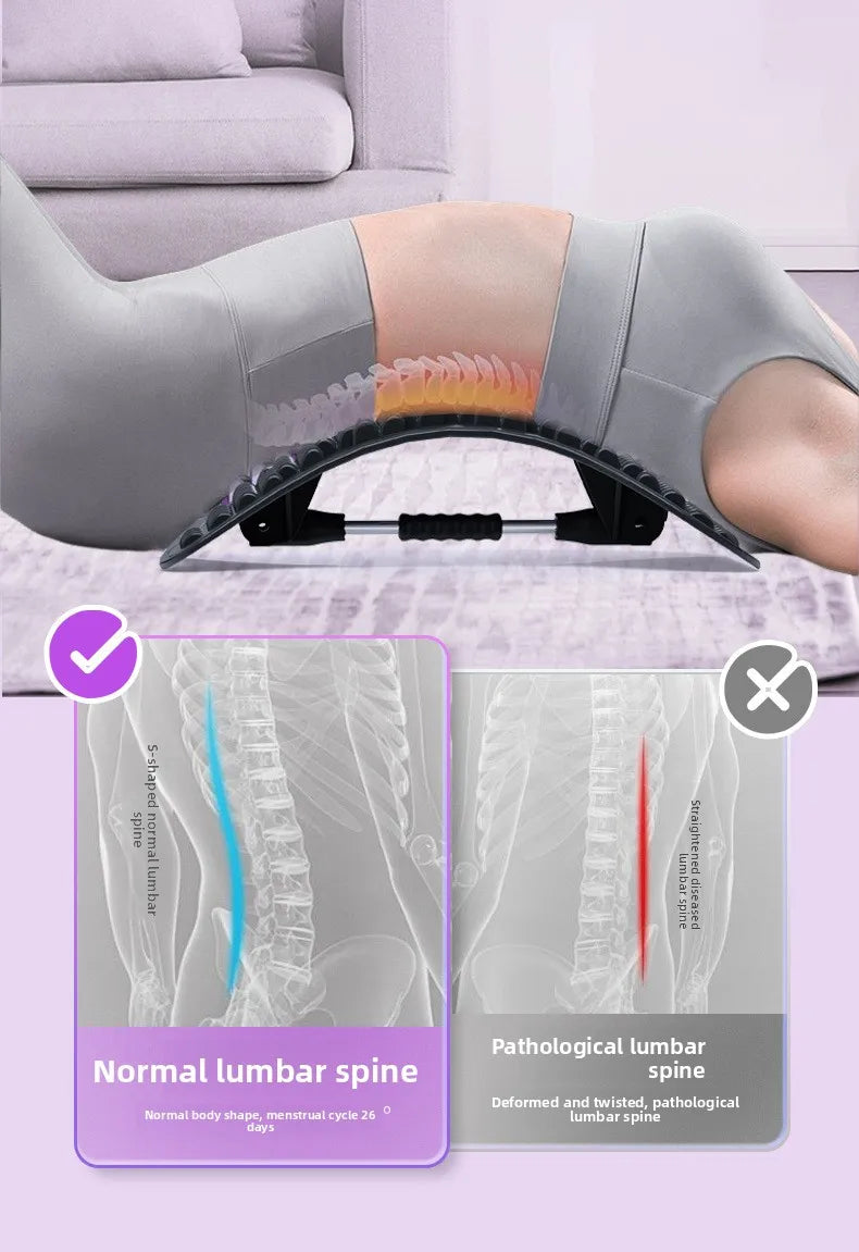 Back support device with a comparison of normal and pathological lumbar spine on a purple background.