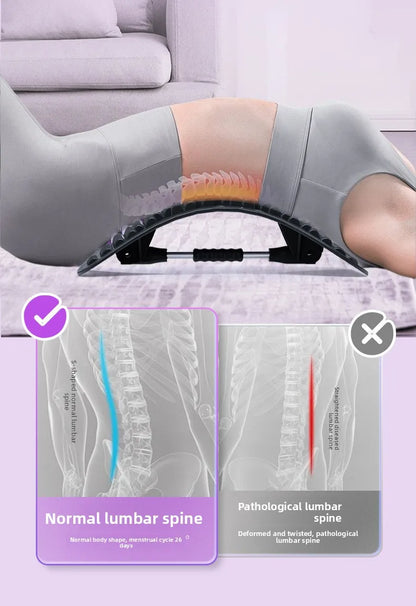 Back support device with a comparison of normal and pathological lumbar spine on a purple background.