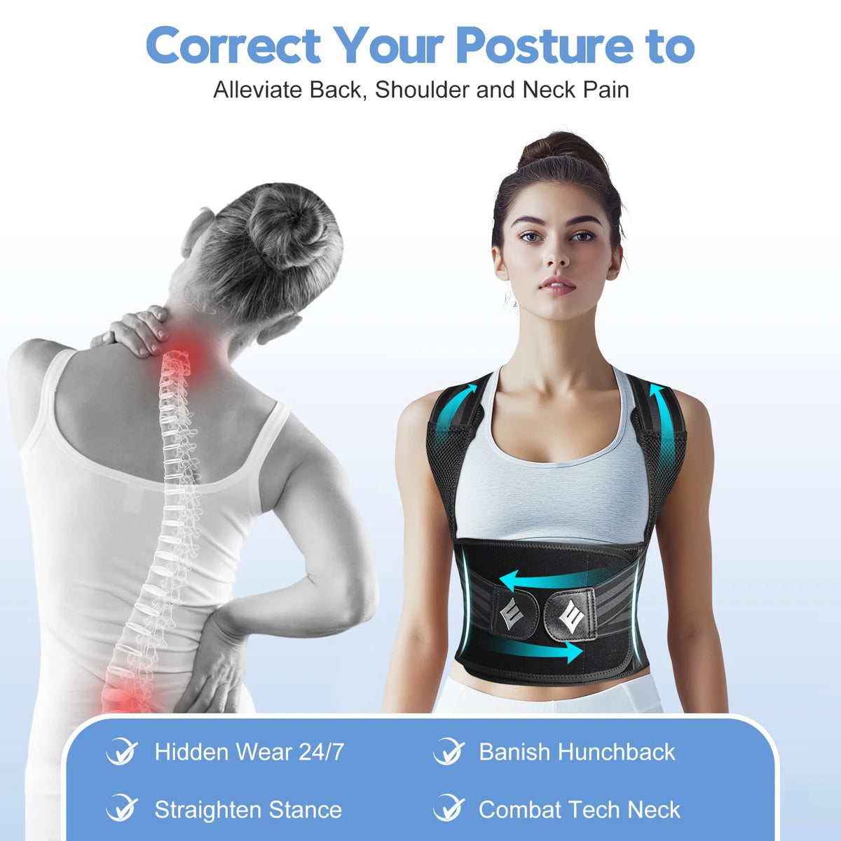 Woman wearing a back brace with text on correct posture and pain relief.