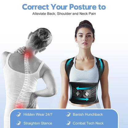Woman wearing a back brace with text on correct posture and pain relief.