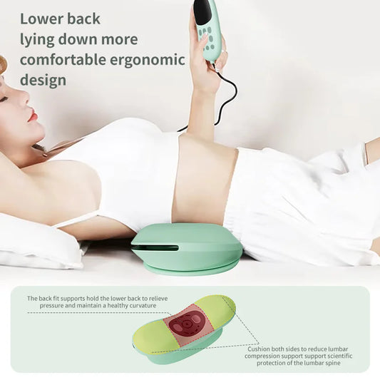 Woman using a green massage device on her back with text about ergonomic design and pressure relief.