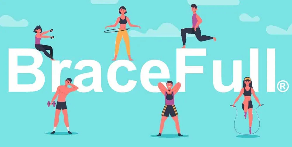 Illustrations of people exercising with the 'BraceFull' brand name on a blue background