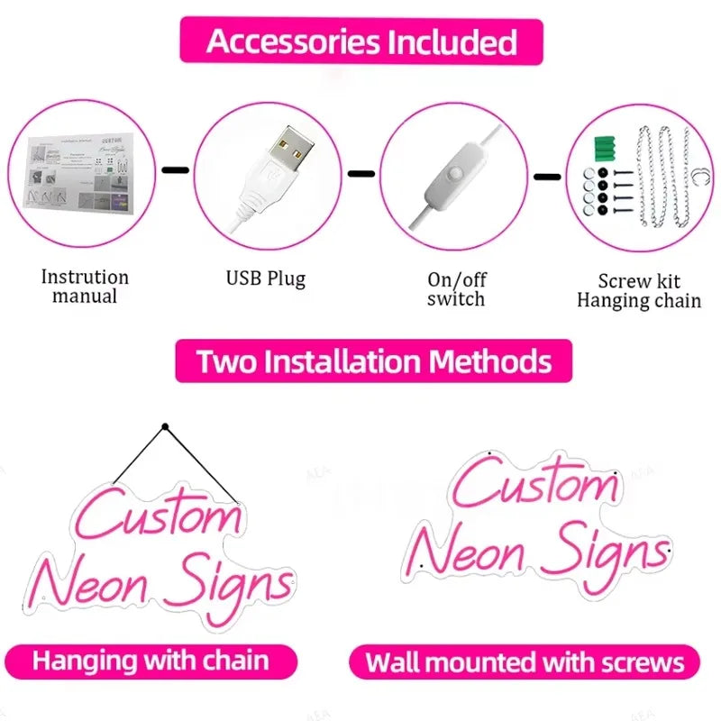 List of accessories included with a product and two installation methods on a white background.