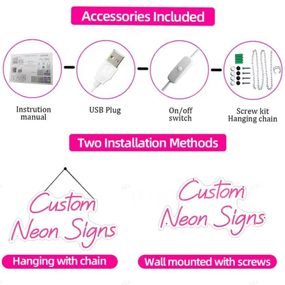 List of accessories included with a product and two installation methods on a white background.