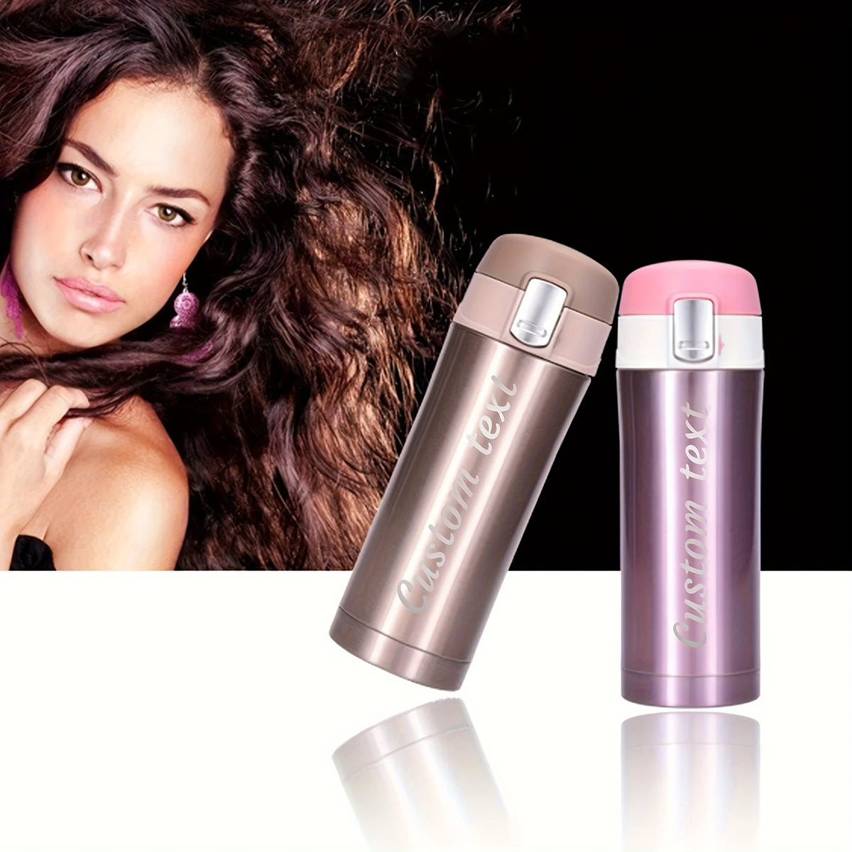 Two stainless steel tumblers, one gold and one pink, with a woman's face partially visible on the left.