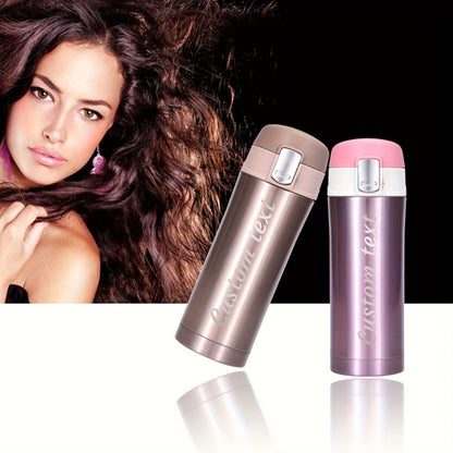 Two stainless steel tumblers, one gold and one pink, with a woman's face partially visible on the left.