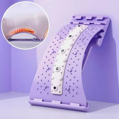 A purple and white heated back and neck massage roller on a light purple background, featuring a circular inset demonstrating the heat function.