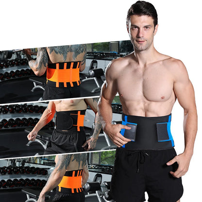 Man wearing a black waist trainer with blue accents, surrounded by gym equipment.