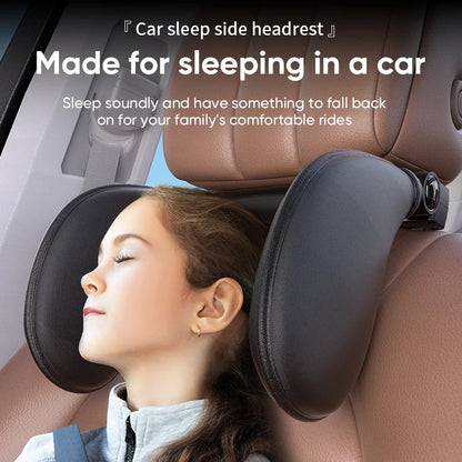 Child sleeping with a car sleep side headrest, emphasizing comfort during car rides.
