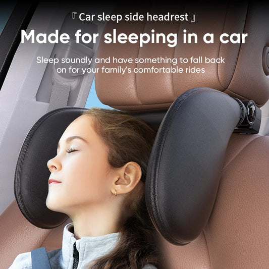 Child sleeping with a car sleep side headrest, emphasizing comfort during car rides.