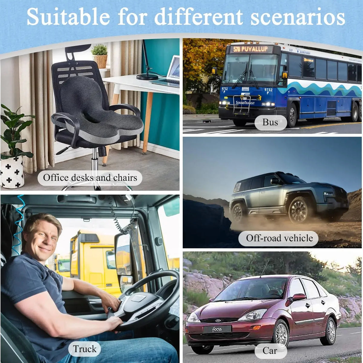 Collage of office furniture, a bus, off-road vehicle, truck, and car with text indicating suitability for different scenarios.