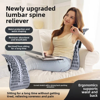 A woman sits on a white sofa using a gray lumbar spine reliever support cushion with textured massage pads, shown in a home setting with text callouts about waist protection, moisture-absorbent breathability, and ergonomic support.