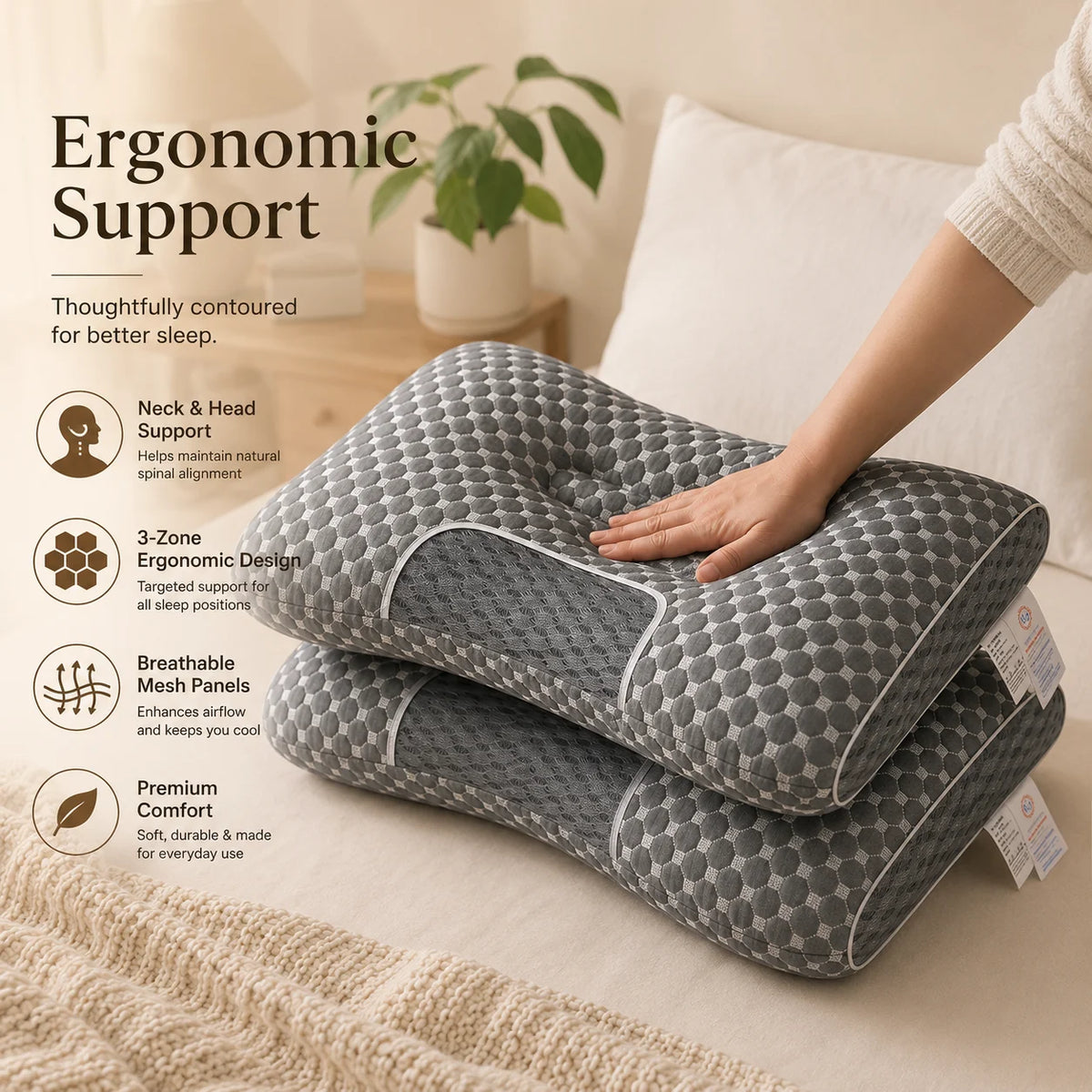 Two gray patterned ergonomic pillows stacked on a bed, with a hand resting on top. The image includes marketing text and icons highlighting neck and head support, 3-zone ergonomic design, breathable mesh panels, and premium comfort.