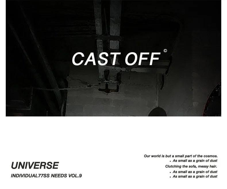 A dark, moody promotional graphic with the words 'CAST OFF' in large white text over a dim interior scene. Below, on a white background, the text reads 'UNIVERSE INDIVIDUAL77SS NEEDS VOL.