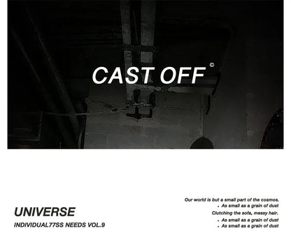 A dark, moody promotional graphic with the words 'CAST OFF' in large white text over a dim interior scene. Below, on a white background, the text reads 'UNIVERSE INDIVIDUAL77SS NEEDS VOL.