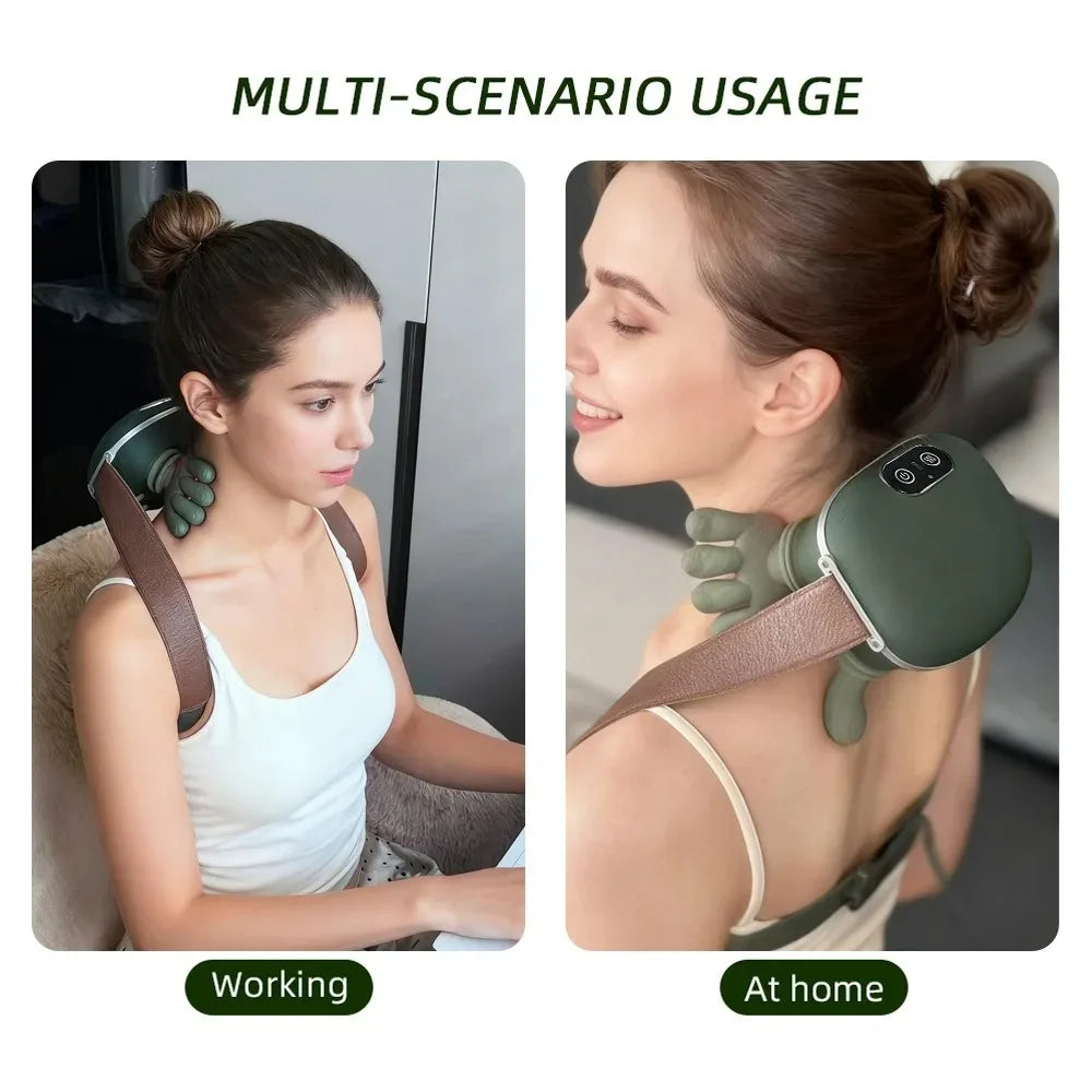 Woman using a neck and shoulder massager in two different settings: at work and at home.