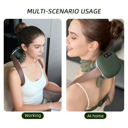 Woman using a neck and shoulder massager in two different settings: at work and at home.