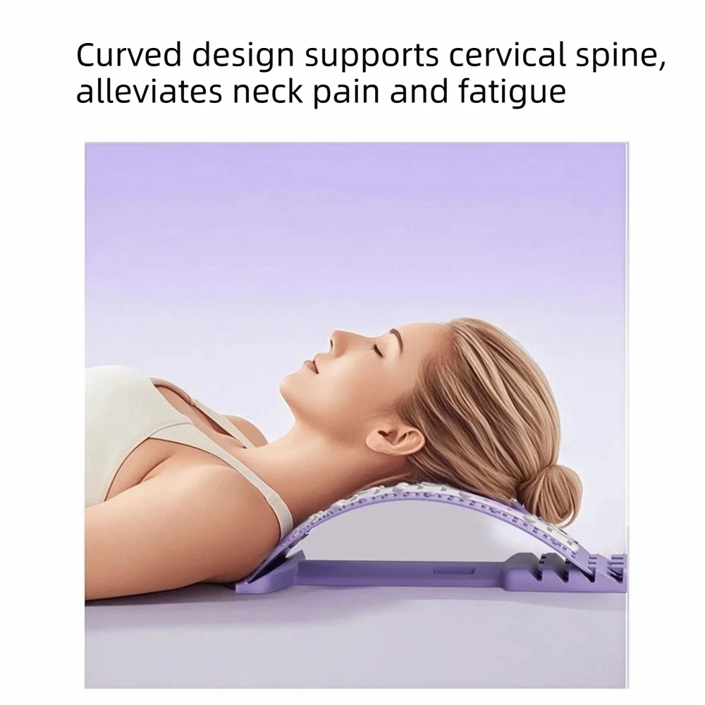 A woman reclines on a purple cervical neck support pillow with text above stating it supports the cervical spine and alleviates neck pain and fatigue.