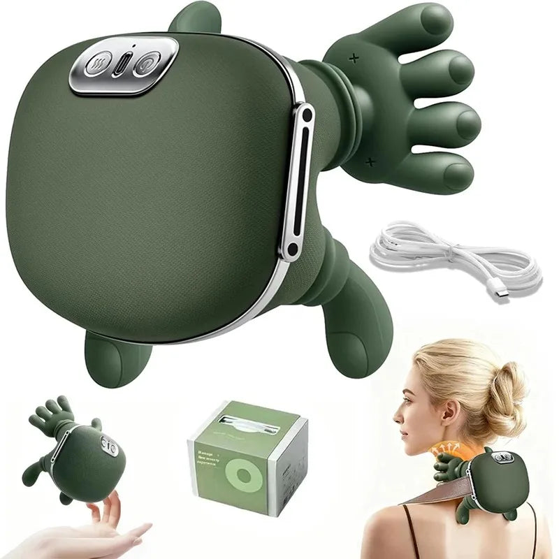 Green handheld massager with packaging, cable, and a person using it on their shoulder.
