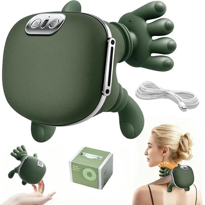 Green handheld massager with packaging, cable, and a person using it on their shoulder.