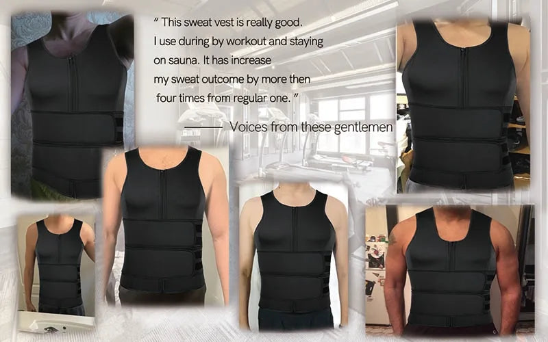 Black sweat vest being worn by various people with text about its benefits.