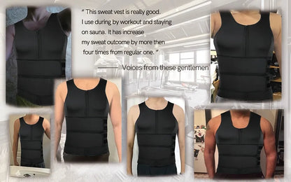 Black sweat vest being worn by various people with text about its benefits.