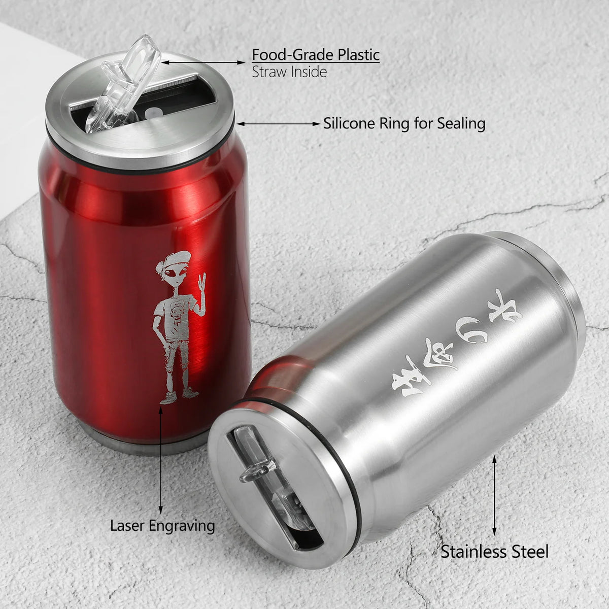 A stainless steel can-shaped tumbler and a red can-shaped cup shown on a light textured surface, with callout labels pointing to features such as food-grade plastic straw, silicone ring for sealing, laser engraving, and stainless steel.