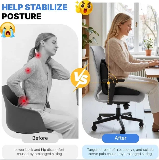 Comparison of a person with discomfort before using an office chair and relief after using it.