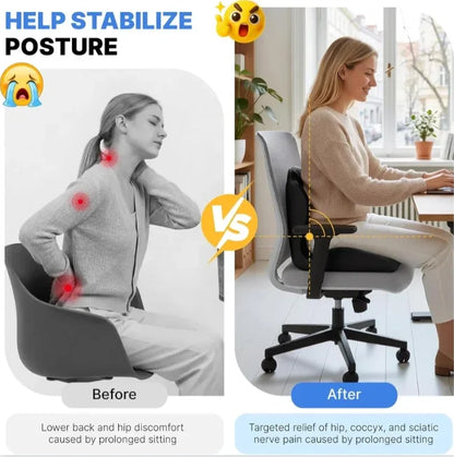 Comparison of a person with discomfort before using an office chair and relief after using it.