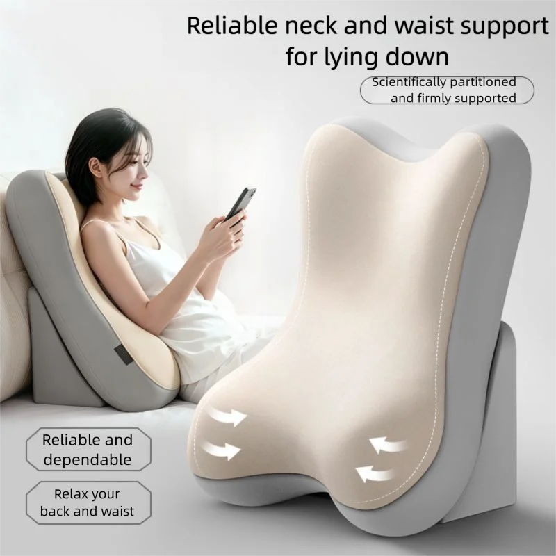 A beige and gray ergonomic neck and waist support pillow is shown in a clean studio setting, with a woman reclining in a similar pillow in the background. Text overlays highlight reliable neck and waist support for lying down.