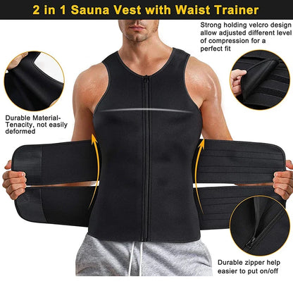 Man wearing a black sauna vest with waist trainer, showing features like strong holding velcro design and durable material.