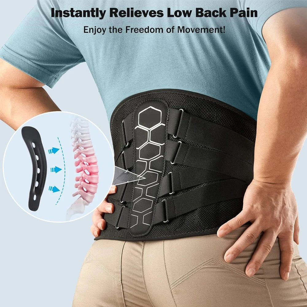 Person wearing a black back brace with text about relieving low back pain on a light blue background.