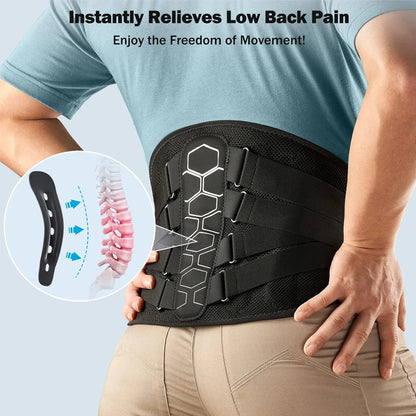 Person wearing a black back brace with text about relieving low back pain on a light blue background.